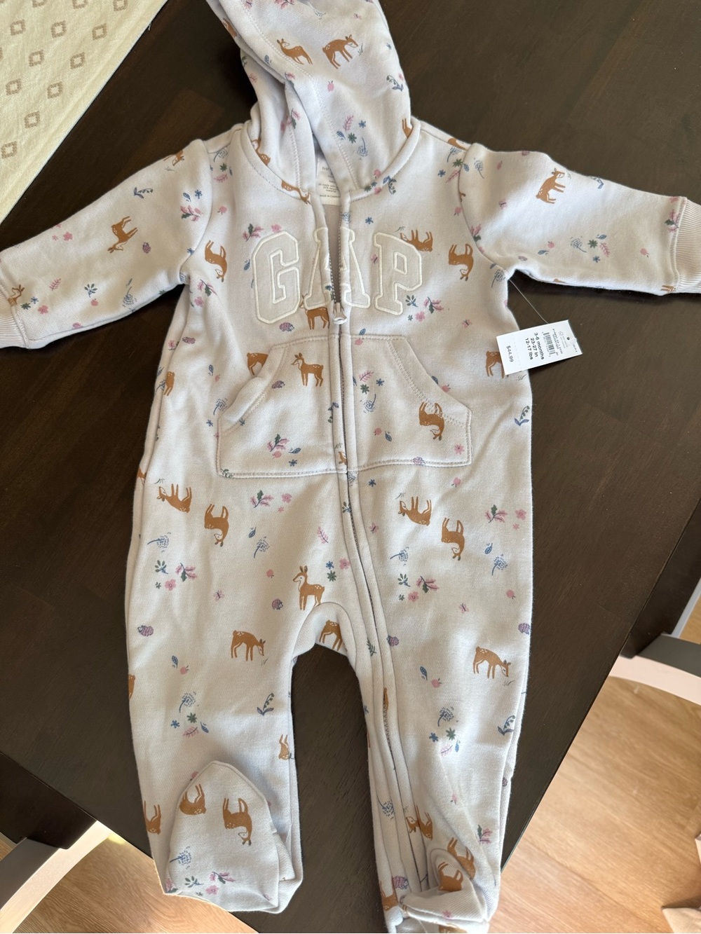 GAP Hooded Footed One-Piece in Light Pink with Deer Print